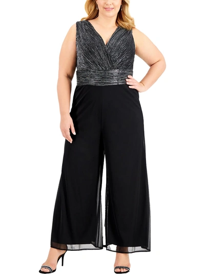 Shop Connected Apparel Plus Womens Metallic Surplice Jumpsuit In Black