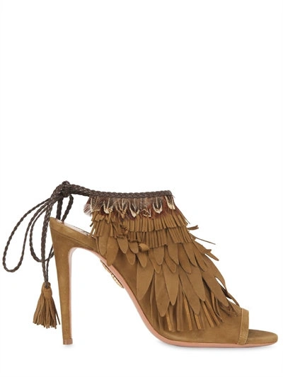 Aquazzura 105mm Pocahontas Fringed Suede Boots In Military Green