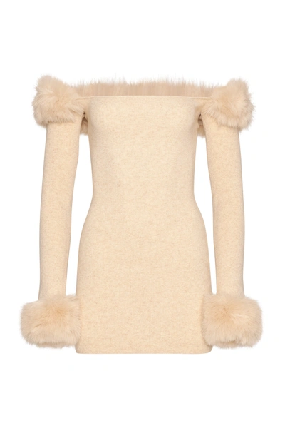 Shop Danielle Guizio Ny Faux Fur Off The Shoulder Mini Dress In Cream