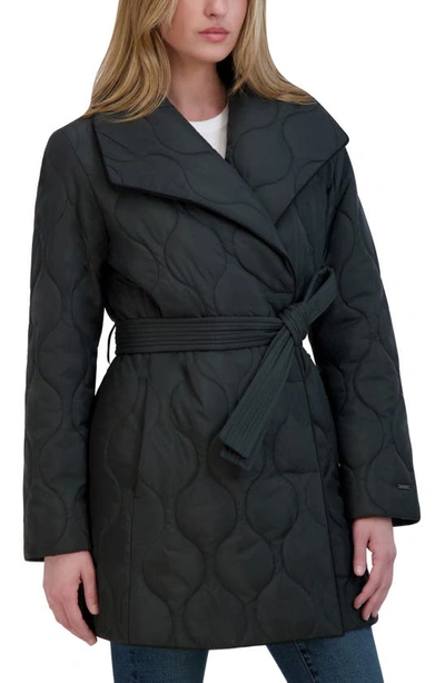 Shop Tahari Janelle Quilted Wrap Coat In Olive