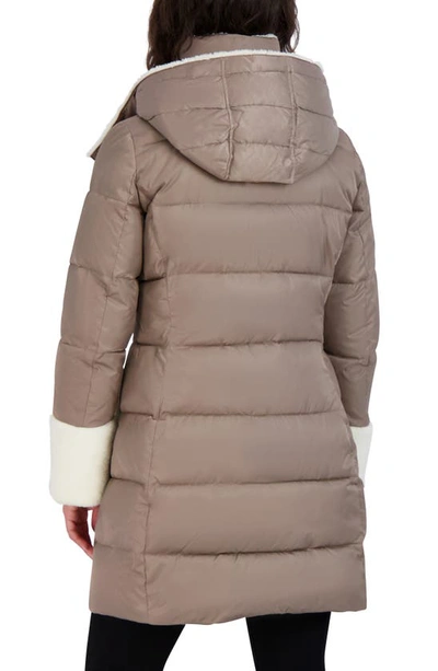 Shop Tahari Tilly Puffer Coat With Faux Shearling Trim In Golden Beige