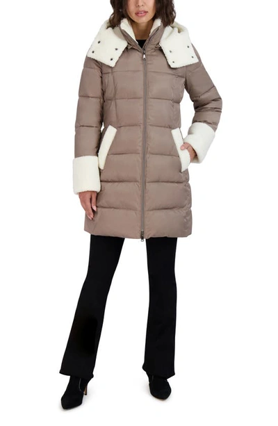 Shop Tahari Tilly Puffer Coat With Faux Shearling Trim In Golden Beige