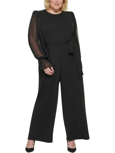 Shop Calvin Klein Plus Womens Belted Sheer Sleeves Jumpsuit In Black