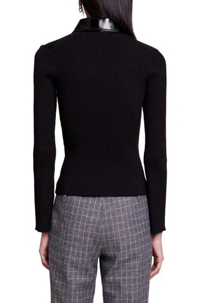 Shop Maje Faux Leather Accent Rib Polo Sweater In Black