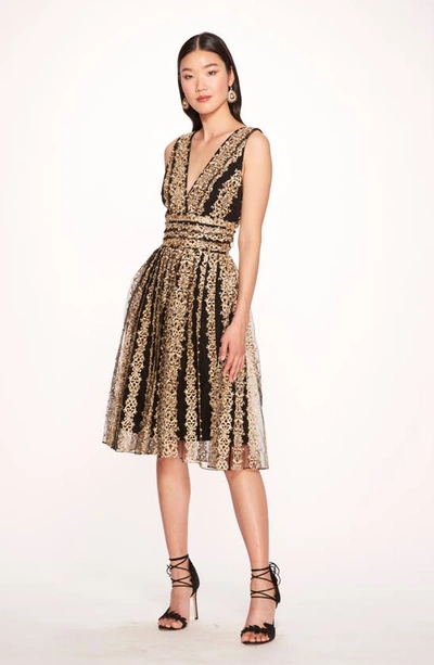Shop Marchesa Notte Metallic Embroidery Cocktail Dress In Black Gold