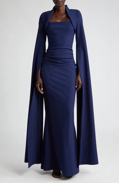 Shop Chiara Boni La Petite Robe Reiko Cape Long Sleeve Gown In Blu Notte