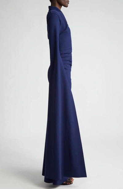 Shop Chiara Boni La Petite Robe Reiko Cape Long Sleeve Gown In Blu Notte