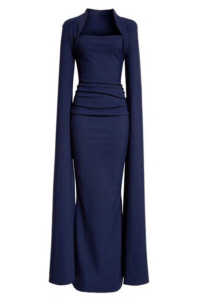 Shop Chiara Boni La Petite Robe Reiko Cape Long Sleeve Gown In Blu Notte