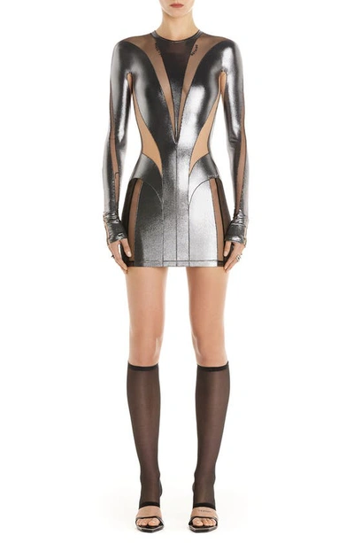 Shop Mugler Metallic Long Sleeve Mesh Panel Dress In Chrome Silver / Black