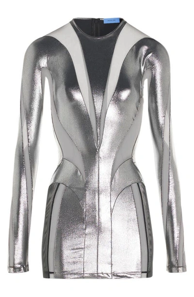 Shop Mugler Metallic Long Sleeve Mesh Panel Dress In Chrome Silver / Black