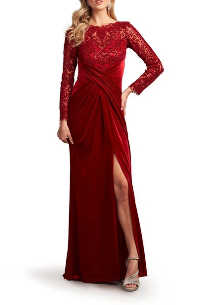 Shop Tadashi Shoji Sequin Illusion Neck Long Sleeve Lace & Velvet Gown In Lava Red
