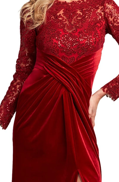 Shop Tadashi Shoji Sequin Illusion Neck Long Sleeve Lace & Velvet Gown In Lava Red
