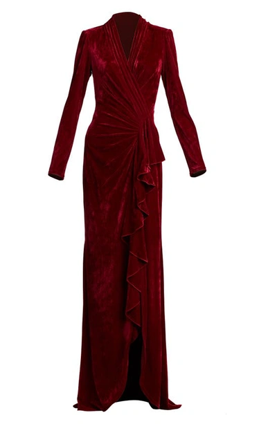 Shop Tadashi Shoji Ruffle Long Sleeve Velvet Gown In Pomegranate