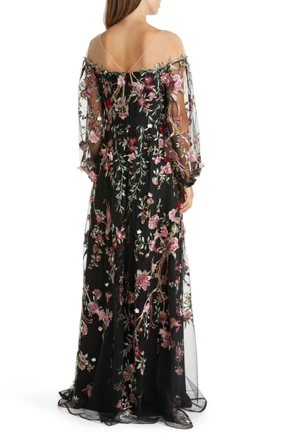 Marchesa Notte Floral Embroidery Long Sleeve Gown In Black Combo