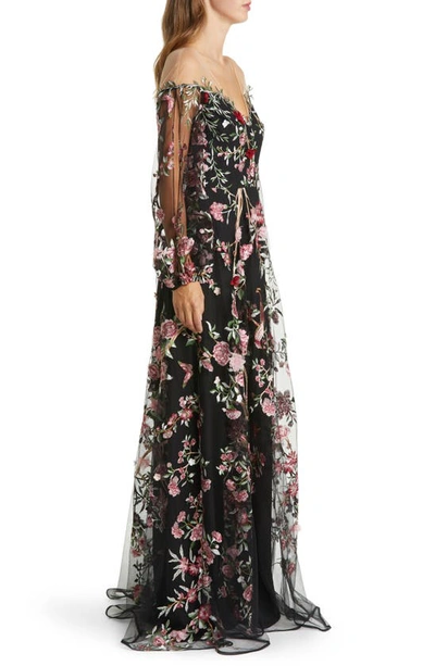 Marchesa Notte Floral Embroidery Long Sleeve Gown In Black Combo