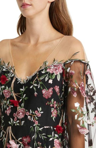 Marchesa Notte Floral Embroidery Long Sleeve Gown In Black Combo