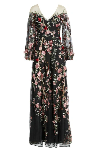 Marchesa Notte Floral Embroidery Long Sleeve Gown In Black Combo