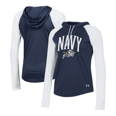 Shop Under Armour Navy Navy Midshipmen Gameday Mesh Performance Raglan Hooded Long Sleeve T-shirt