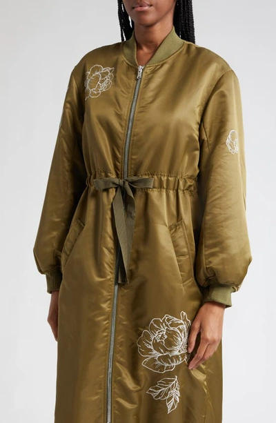 Shop Cinq À Sept Pauline Embroidery Longline Nylon Bomber Jacket In Olive
