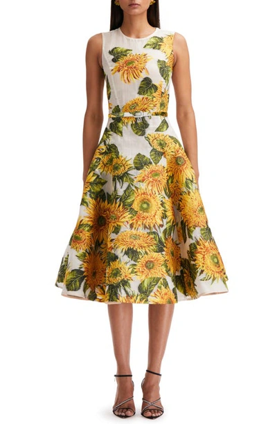 Shop Oscar De La Renta Sunflower Embroidered Sleeveless Fit & Flare Dress In Yellow/ Ivory