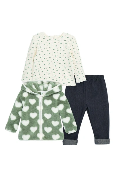 Shop Little Me Heart Print Hooded Jacket, T-shirt & Leggings Set In Green/ Blue