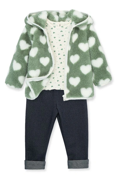 Shop Little Me Heart Print Hooded Jacket, T-shirt & Leggings Set In Green/ Blue