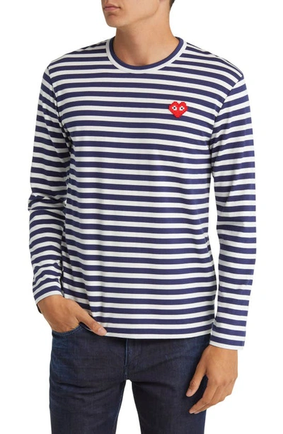 Shop Comme Des Garçons Play Pixel Play Appliqué Stripe Long Sleeve T-shirt In Navy/ White