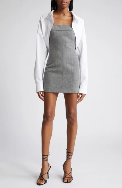 Shop Alexander Wang Herringbone Tailored Minidress & Bolero Shirt In Grey/ Black
