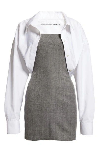 Shop Alexander Wang Herringbone Tailored Minidress & Bolero Shirt In Grey/ Black