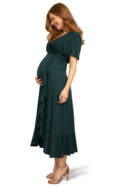 Shop Tiffany Rose Waterfall Flutter Sleeve Midi Maternity Dress In Deep Green