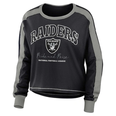 Shop Wear By Erin Andrews Black/silver Las Vegas Raiders Color Block Modest Crop Long Sleeve T-shirt