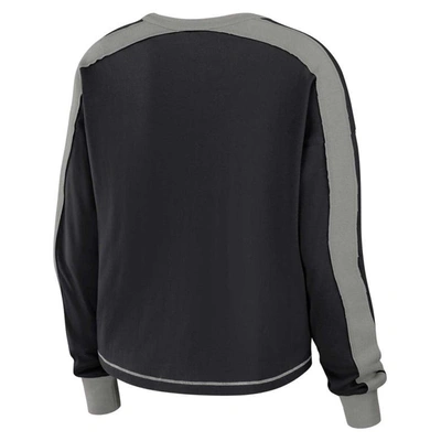 Shop Wear By Erin Andrews Black/silver Las Vegas Raiders Color Block Modest Crop Long Sleeve T-shirt