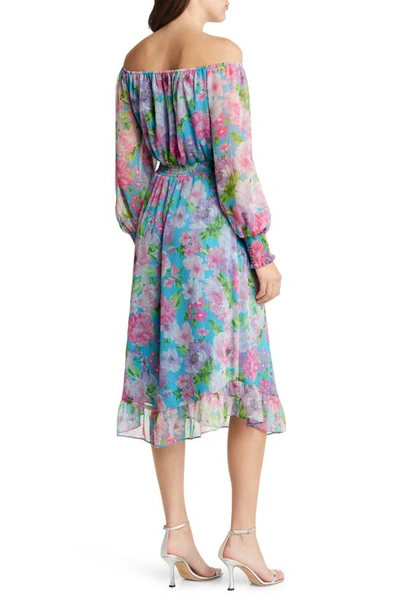 Shop Charles Henry Floral Long Sleeve Smocked Midi Dress In Orchid Watercolor