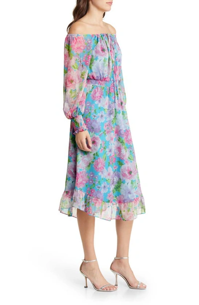 Shop Charles Henry Floral Long Sleeve Smocked Midi Dress In Orchid Watercolor