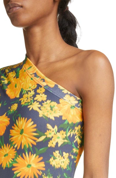 Shop Balenciaga Floral Print One-shoulder Stretch Cotton Minidress In Yellow/ Navy