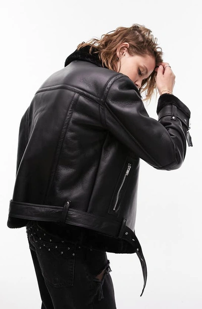 Topshop Petite Faux Leather Aviator Jacket In Black