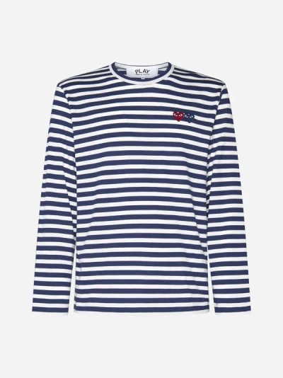Shop Comme Des Garçons Play Logo-patch Striped Cotton T-shirt In Navy,white