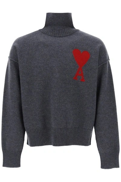 Shop Ami Alexandre Mattiussi Ami De Coeur Wool Turtleneck Sweater In Grey