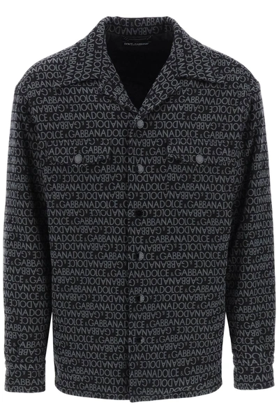 Shop Dolce & Gabbana Padded Overshirt With Jacquard Logo Motif In Grey, Black