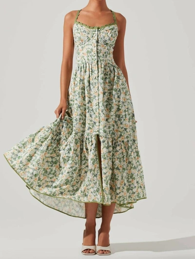 Shop Astr Yamila Floral Eyelet Midi Dress In Olive Yellow Floral In Multi