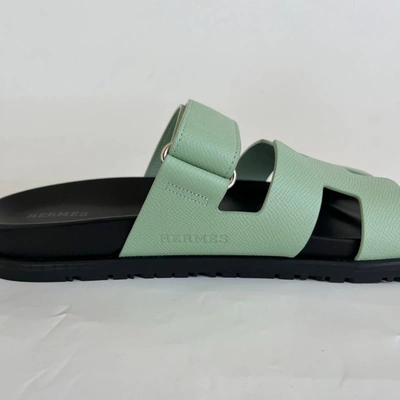 Pre-owned Hermes Hermès Chypre Vert Jade Epsom Leather Sandals, 40