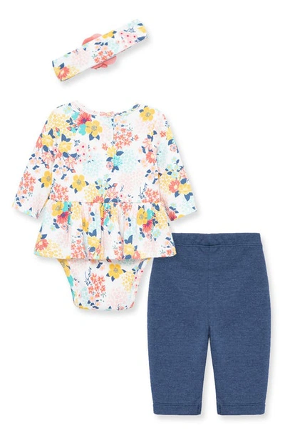 Shop Little Me Floral Mix Bodysuit, Leggings & Headband Set In Blue