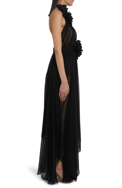 Shop Dolce & Gabbana Rosette Detail Halter Neck Silk Chiffon Gown In Black