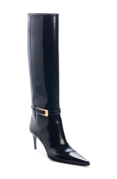 Shop Saint Laurent Hacker Pointed Toe Knee High Boot In Black