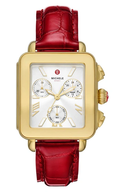 Shop Michele Deco Sport Chronograph Leather Strap Watch, 34mm X 36mm In Red / Gold