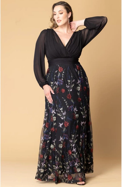 Kiyonna Isabella Embroidered Long Sleeve Gown In Enchanted Garden