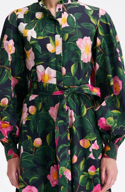 Shop Oscar De La Renta Camellia Print Belted Long Sleeve Shirtdress In Green/ Pink/ Navy