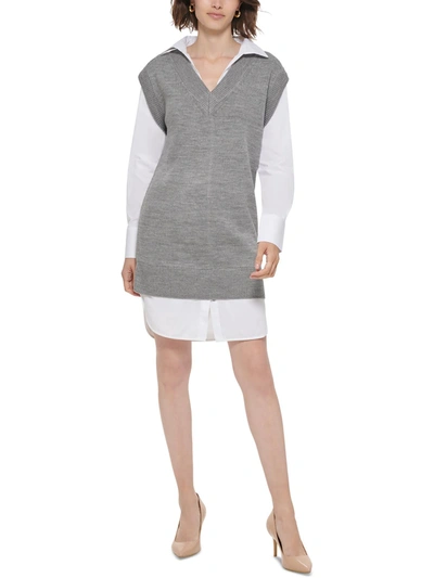 Shop Calvin Klein Petites Womens Layered Look Mini Sweaterdress In Grey