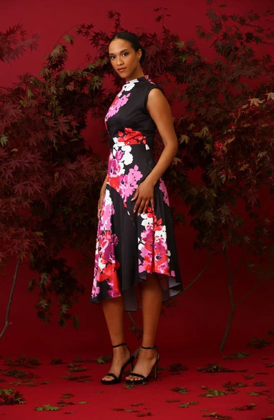 Shop Maggy London Floral Funnel Neck Asymmetric Hem Dress In Black/ Phlox Pink
