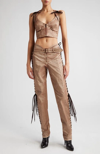 Shop Jean Paul Gaultier X Knwls Laced Side Coated Stretch Denim Pants In Brown/ Ecru
